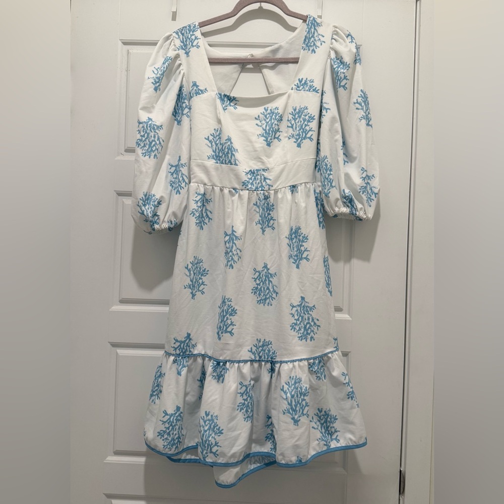 White Dress with Blue Coral Print